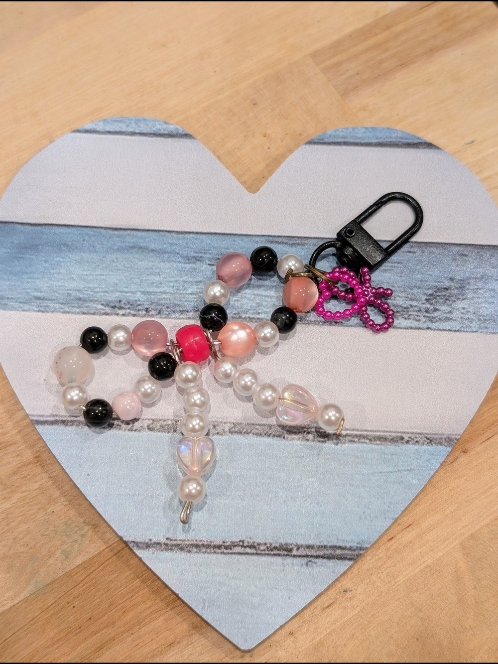 Pink Black White Beaded Bow Keychain Charm